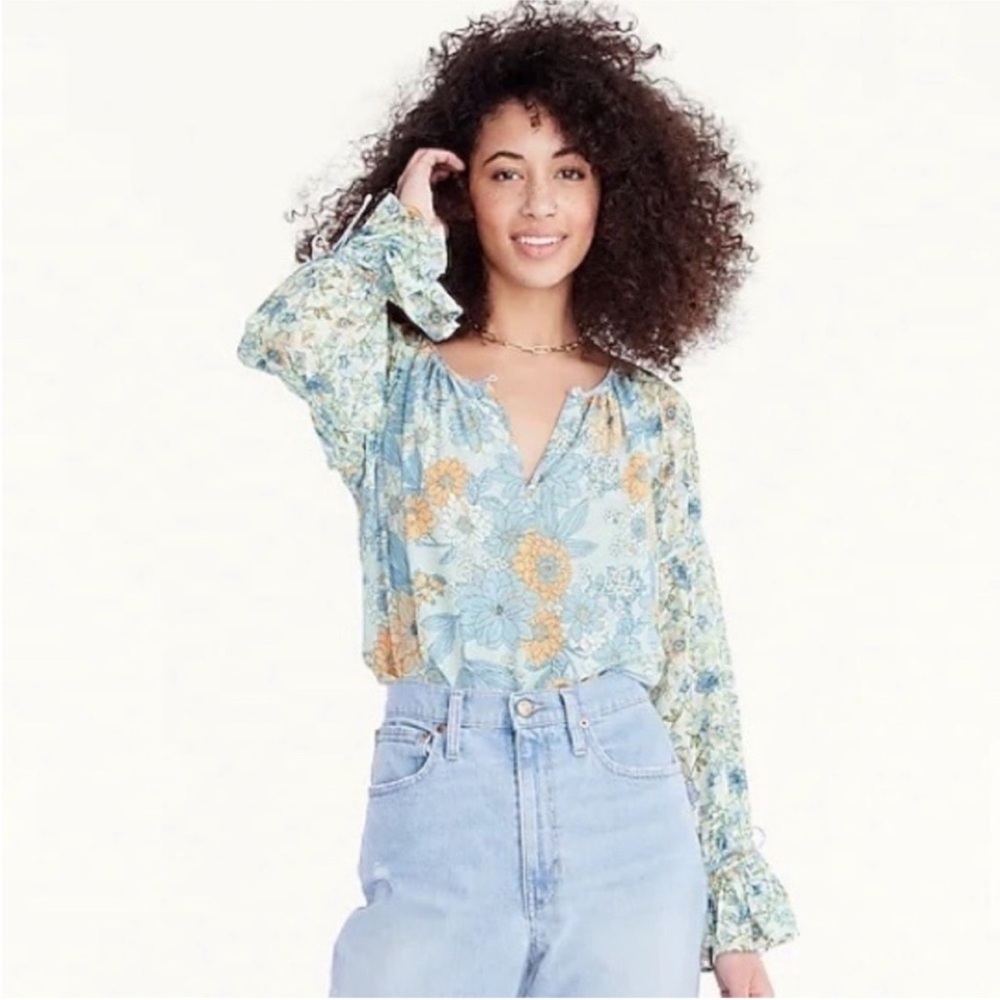 J. Crew Flutter Cuff Crinkle Chiffon Top Zinnia Blue Yellow Floral Blouse Sz XXL